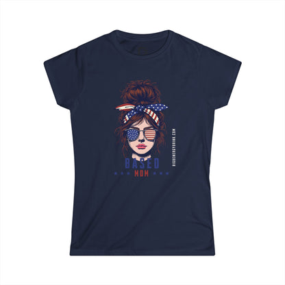 Patriotic Messy Bun Tee — "Based Mom" American Flag Graphic