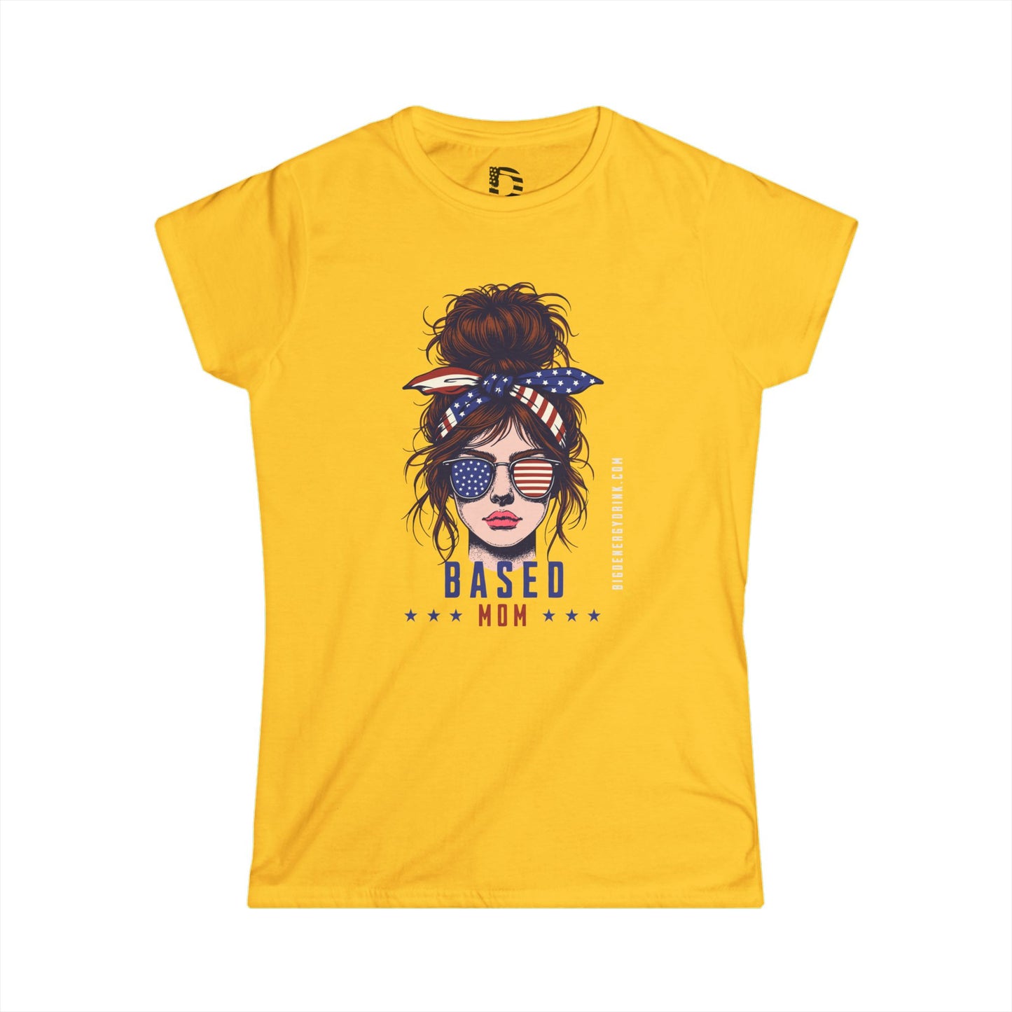 Patriotic Messy Bun Tee — "Based Mom" American Flag Graphic