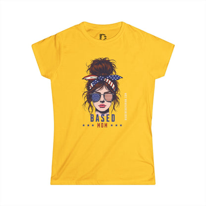Patriotic Messy Bun Tee — "Based Mom" American Flag Graphic