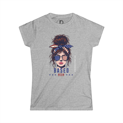 Patriotic Messy Bun Tee — "Based Mom" American Flag Graphic