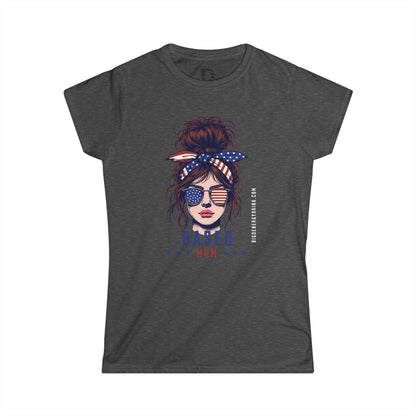 Patriotic Messy Bun Tee — "Based Mom" American Flag Graphic