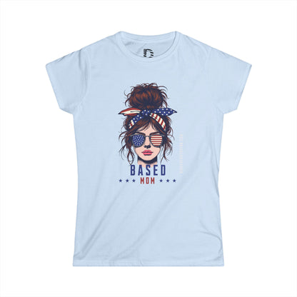 Patriotic Messy Bun Tee — "Based Mom" American Flag Graphic