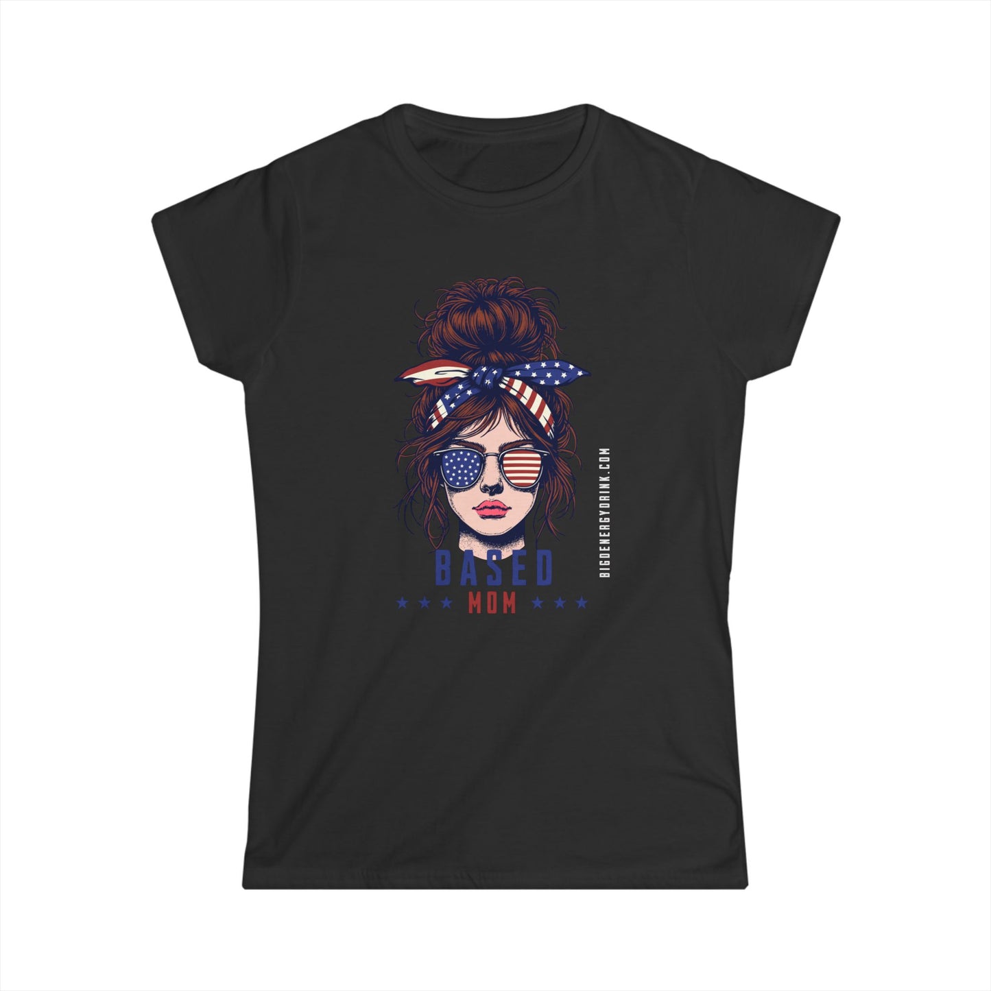 Patriotic Messy Bun Tee — "Based Mom" American Flag Graphic